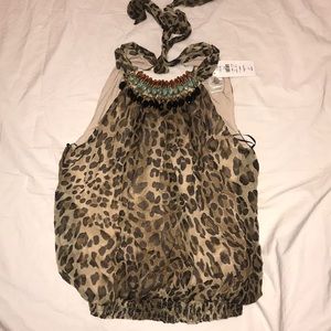 Cache date top chiffon print bead neckline trim